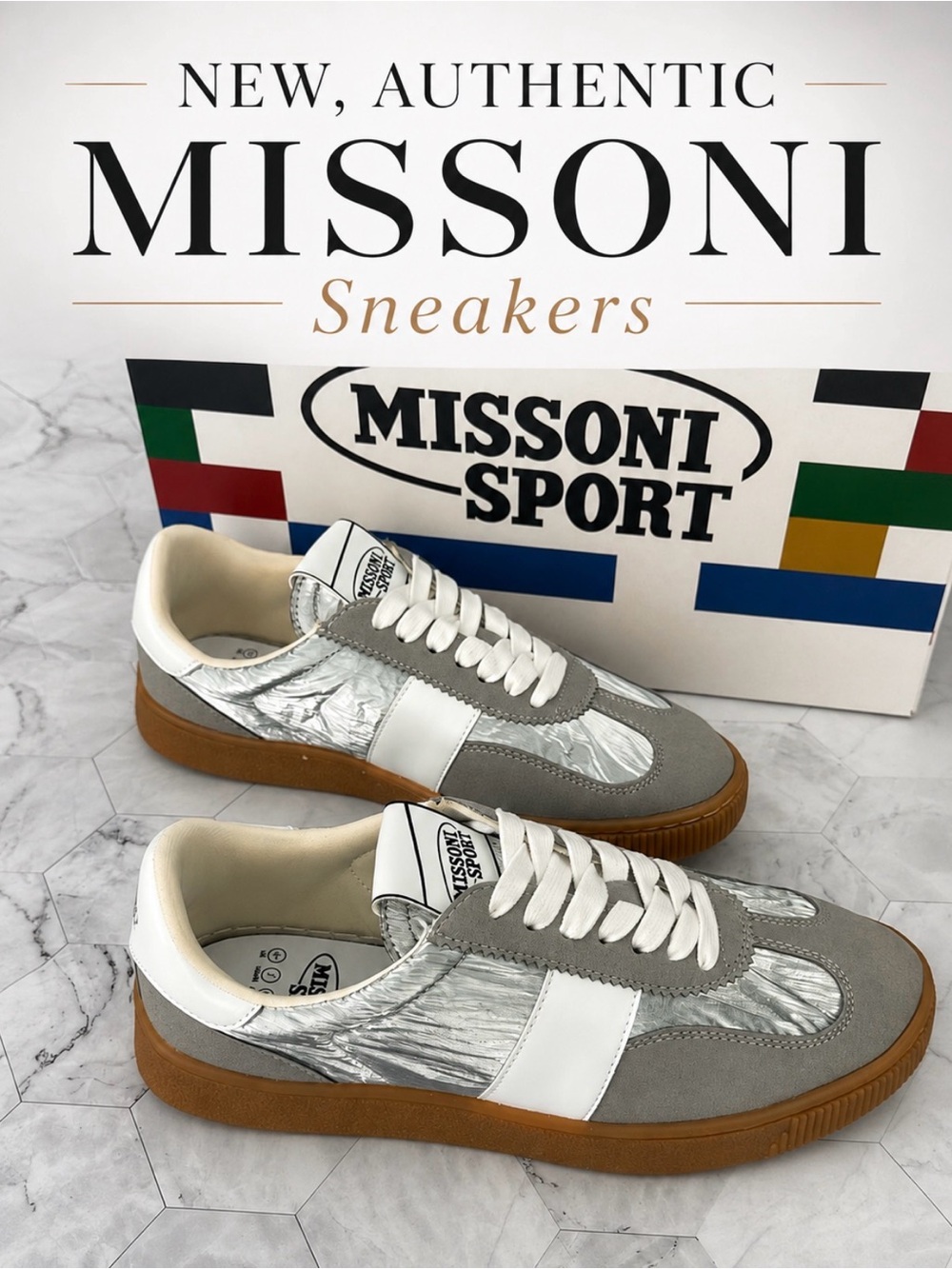 $460 NEW  AUTHENTIC Missoni Retro Low Top Platform Sneakers Silver Gray White 8